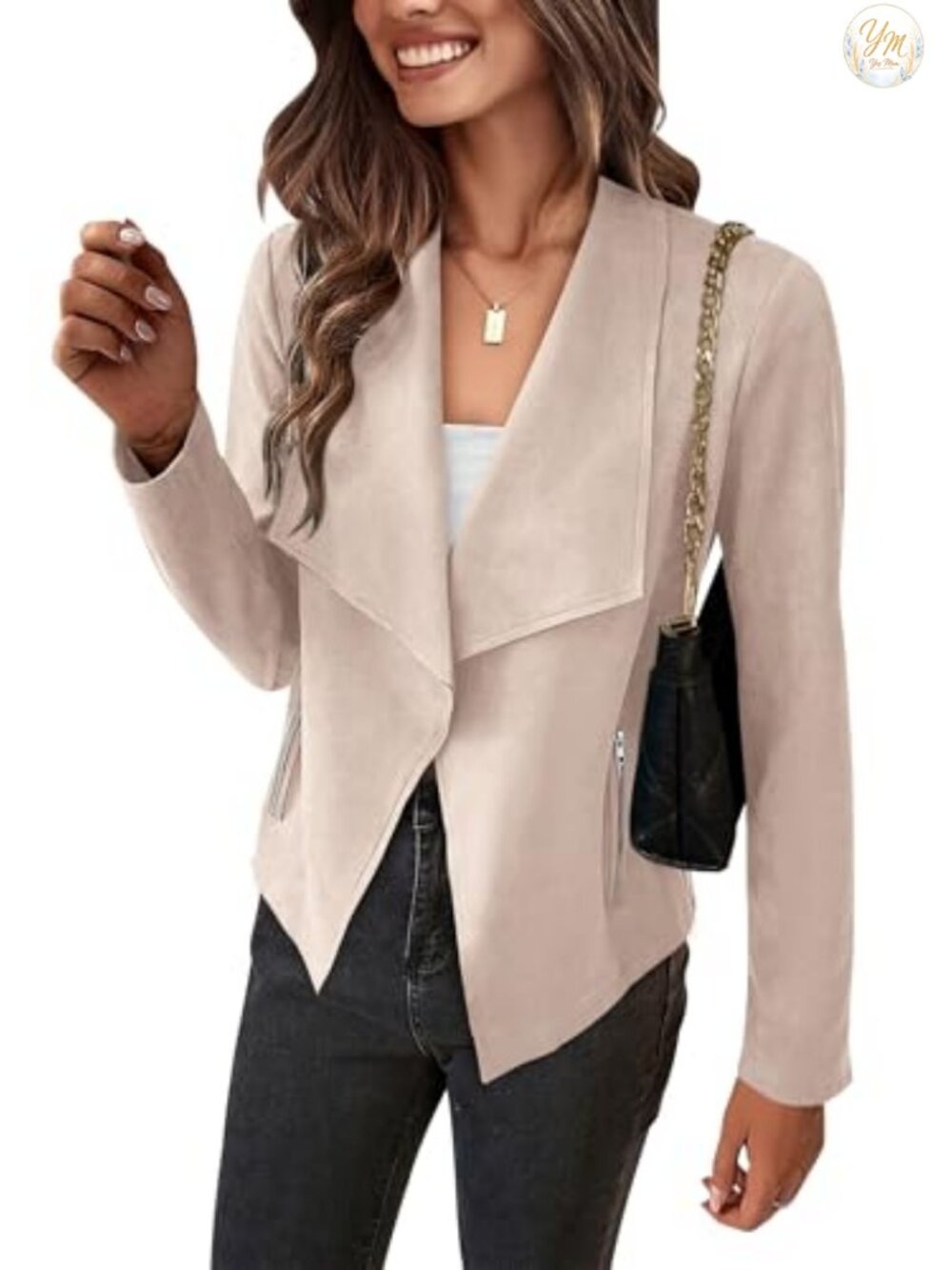 Women Faux Suede Cropped Jacket Waterfall Collar Open Front Long Sleeve Casual